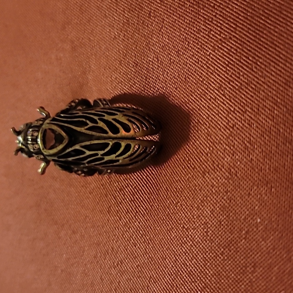 Fossil "fly" Ring in Size 7. Brass color with crystal accents.
